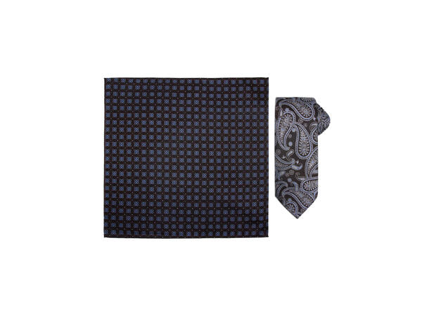 Santi 8cm silkeslips+lommetørkle paisley sett hengende brun 