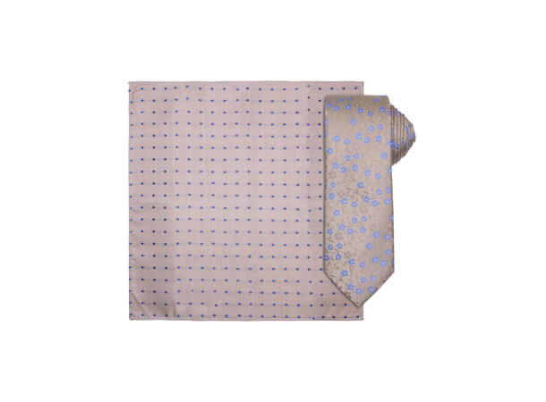 Santi silkeslips+lommetørkle mønstert sett hengende beige 