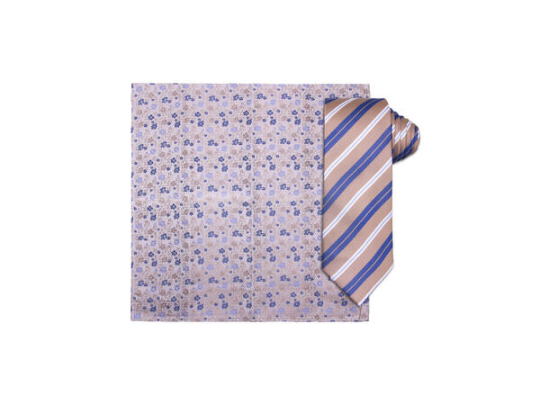 Santi silkeslips+lommetørkle mønstert sett hengende beige 