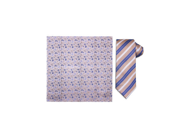 Santi silkeslips+lommetørkle mønstert sett hengende beige 