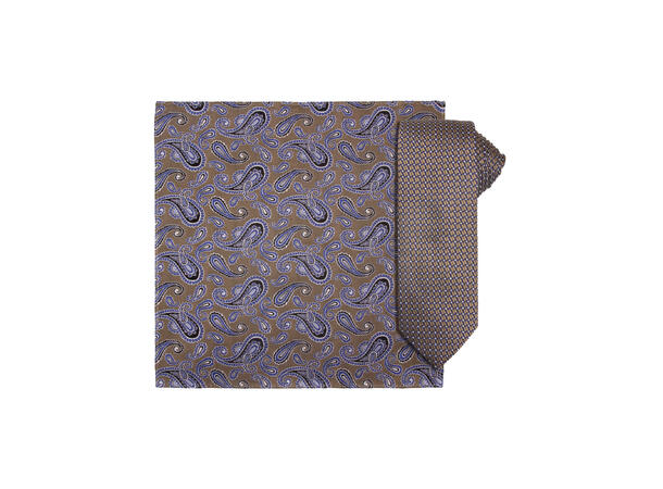 Santi silkeslips+lommetørkle mønstert sett hengende beige 