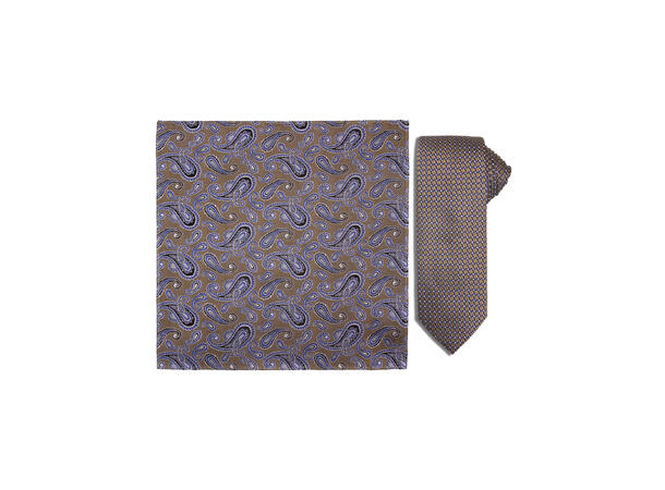 Santi silkeslips+lommetørkle mønstert sett hengende beige 