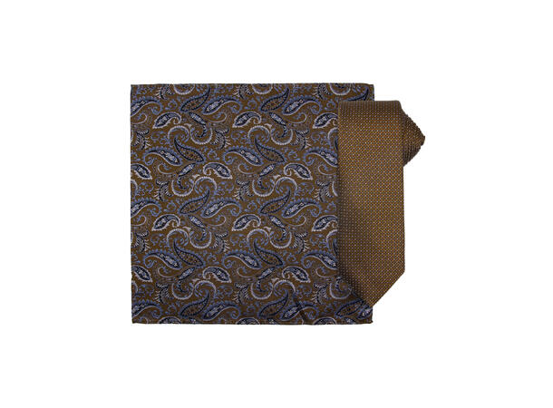 Santi silkeslips+lommetørkle mønstret* sett hengende cognac 