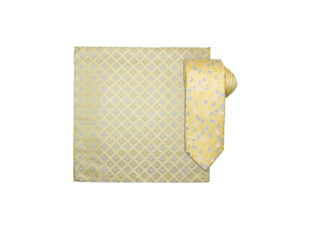 Santi silkeslips+lommetørkle mønstret sett hengende gul 