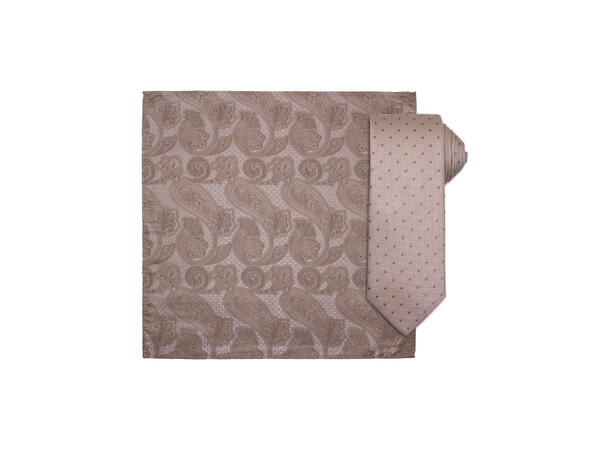 Santi silkeslips+lommetørkle mønstret sett hengende beige 