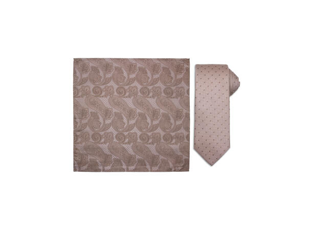 Santi silkeslips+lommetørkle mønstret sett hengende beige 