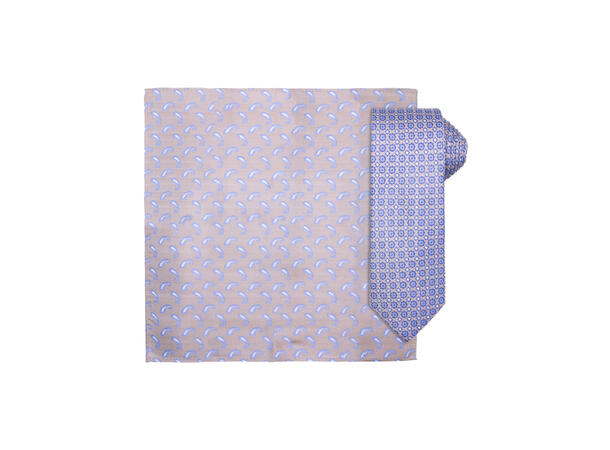 Santi silkeslips+lommetørkle mønstret sett hengende beige 