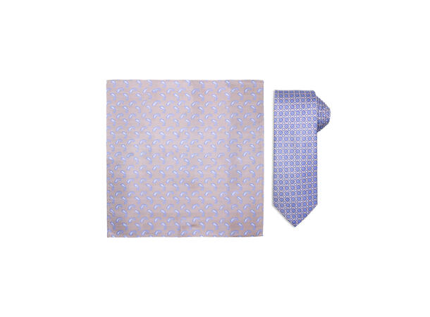 Santi silkeslips+lommetørkle mønstret sett hengende beige 