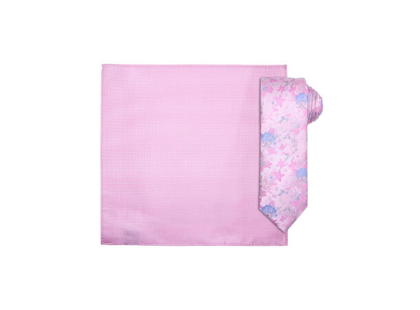 Santi silkeslips+lommetørkle mønstret sett hengende rosa 