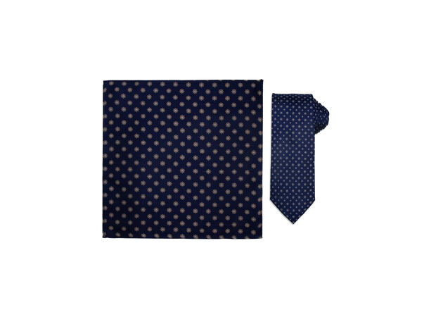 Santi silkeslips+lommetørkle mønstret sett hengende navy 