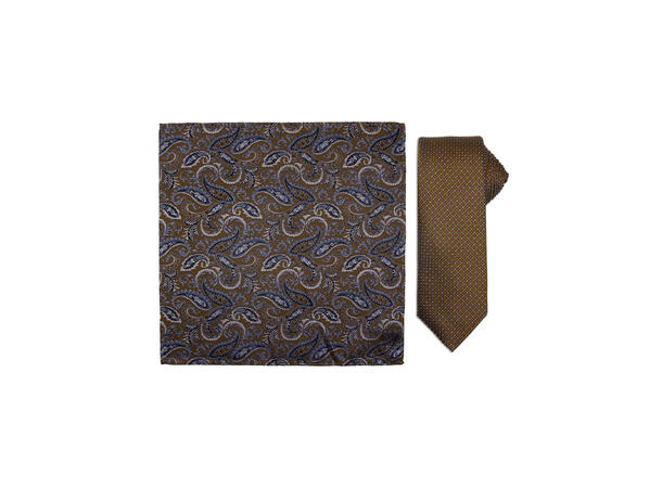 Santi silkeslips+lommetørkle mønstret sett hengende cognac 
