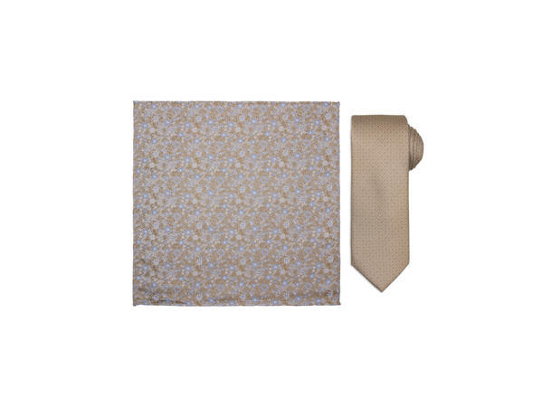 Santi silkeslips+lommetørkle mønstret sett hengende beige 