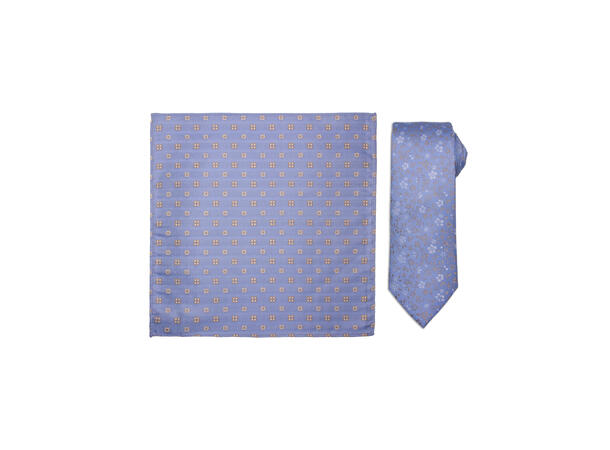 Santi silkeslips+lommetørkle mønstret sett hengende blå 