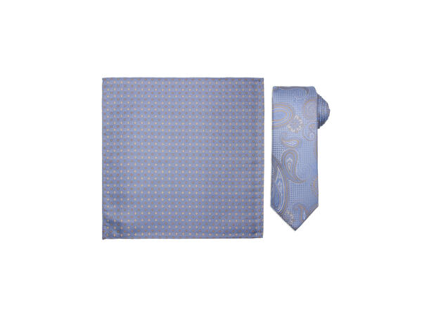 Santi silkeslips+lommetørkle mønstret sett hengende blå 