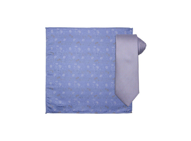 Santi silkeslips+lommetørkle mønstret sett hengende blå 