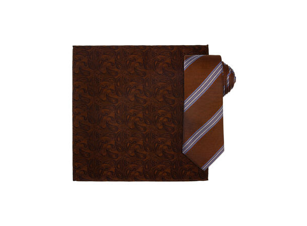 Santi silkeslips+lommetørkle mønstret sett hengende cognac 