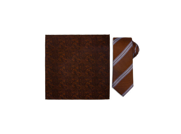 Santi silkeslips+lommetørkle mønstret sett hengende cognac 