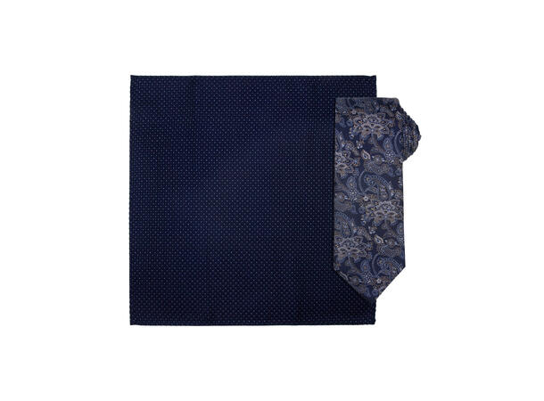 Santi silkeslips+lommetørkle mønstret sett hengende navy 