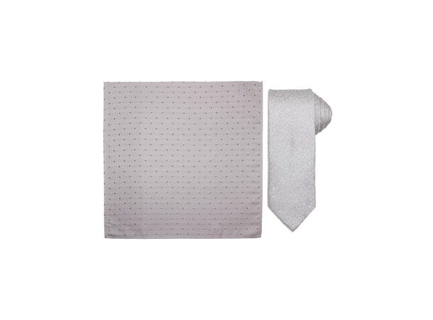 Santi silkeslips+lommetørkle mønstert sett hengende sølv 