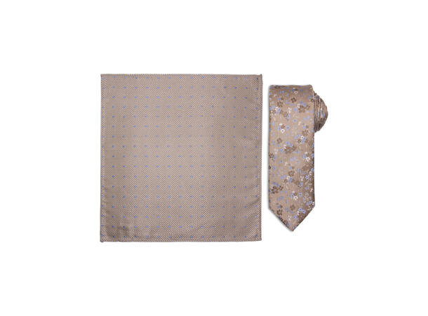 Santi silkeslips+lommetørkle mønstret* sett hengende beige 