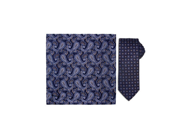 Santi silkeslips+lommetørkle mønstret* sett hengende navy 