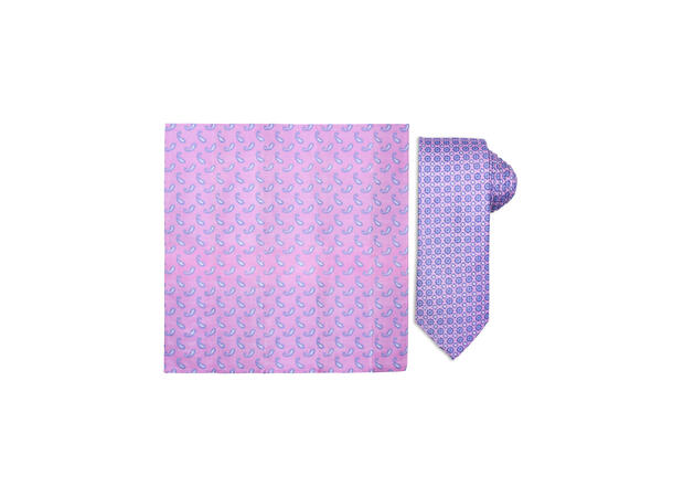 Santi silkeslips+lommetørkle mønstret sett hengende rosa 