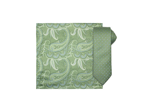 Santi silkeslips+lommetørkle mønstret sett hengende grønn 
