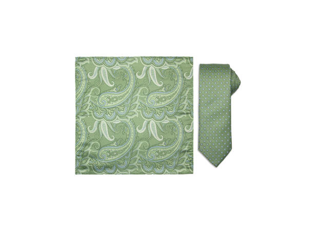 Santi silkeslips+lommetørkle mønstret sett hengende grønn 