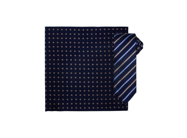 Santi silkeslips+lommetørkle mønstret sett hengende navy 