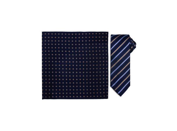 Santi silkeslips+lommetørkle mønstret sett hengende navy 
