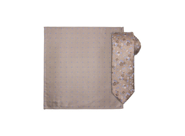 Santi silkeslips+lommetørkle mønstret sett hengende beige 