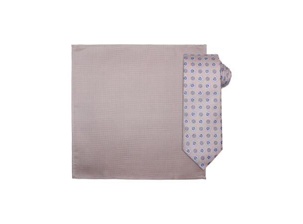 Santi silkeslips+lommetørkle mønstret sett hengende beige 