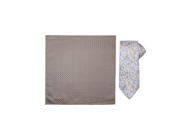 Santi silkeslips+lommetørkle mønstret sett hengende beige 