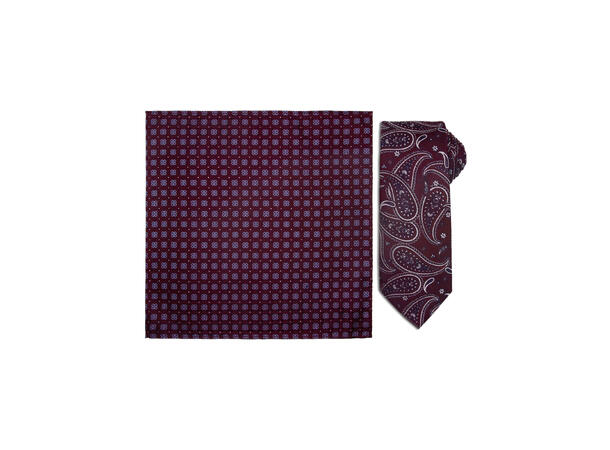 Santi 8cm silkeslips+lommetørkle paisley sett hengende vinrød 