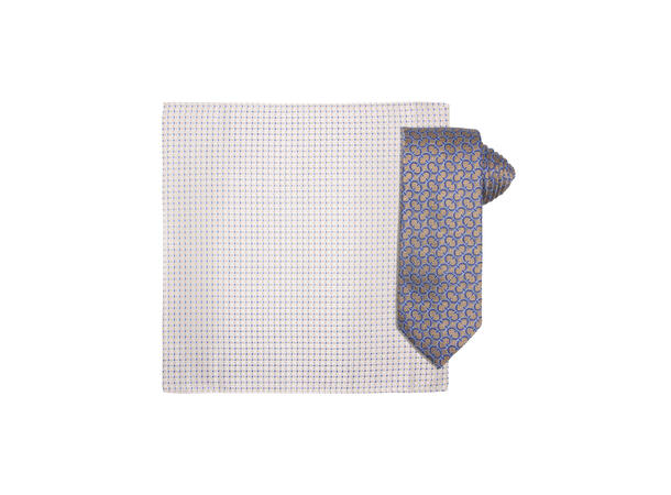 Santi silkeslips+lommetørkle mønstert sett hengende beige 