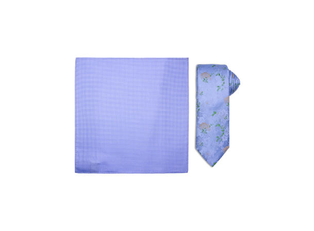 Santi silkeslips+lommetørkle mønstret* sett hengende blå 