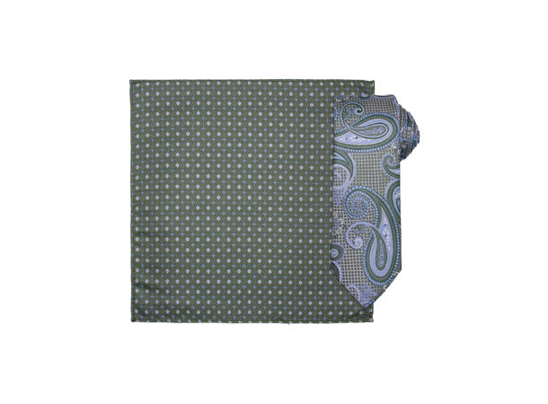 Santi silkeslips+lommetørkle mønstret* sett hengende grønn 