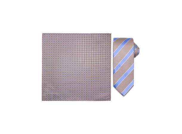 Santi silkeslips+lommetørkle mønstret sett hengende beige 