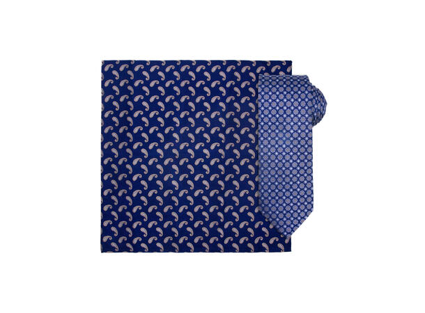 Santi silkeslips+lommetørkle mønstret sett hengende blå 