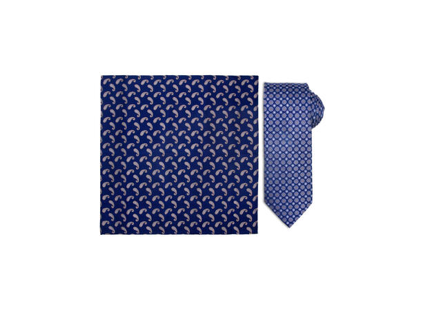 Santi silkeslips+lommetørkle mønstret sett hengende blå 