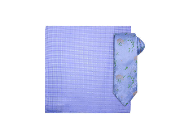Santi silkeslips+lommetørkle mønstret sett hengende blå 