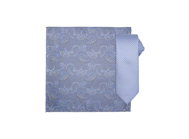 Santi silkeslips+lommetørkle mønstret sett hengende blå 