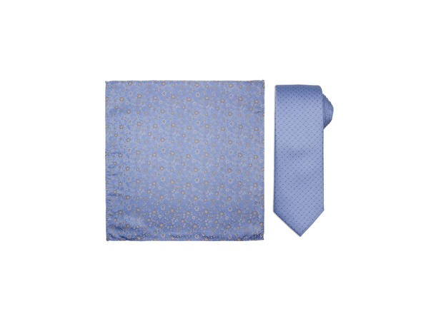 Santi silkeslips+lommetørkle mønstret sett hengende blå 