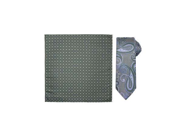 Santi silkeslips+lommetørkle mønstret sett hengende grønn 