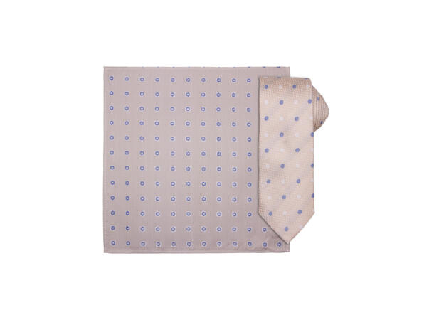 Santi silkeslips+lommetørkle mønstret sett hengende beige 