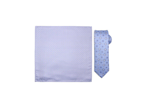 Santi silkeslips+lommetørkle mønstret* sett hengende lys blå 