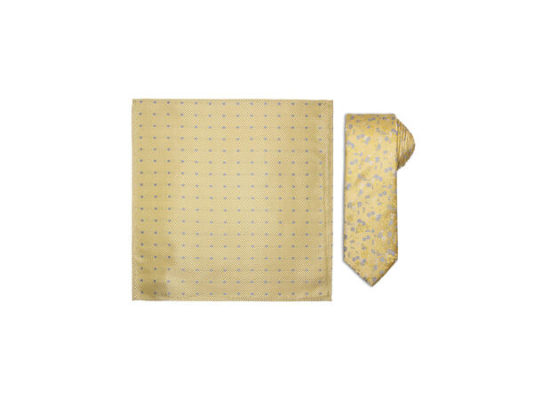 Santi silkeslips+lommetørkle mønstret* sett hengende gul 