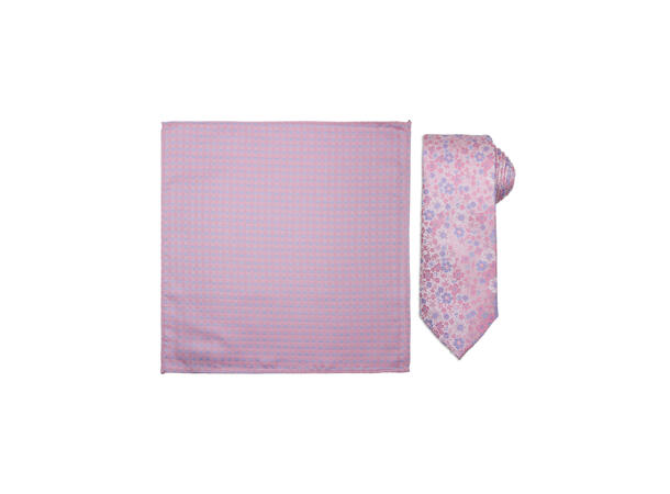 Santi silkeslips+lommetørkle mønstret* sett hengende rosa 