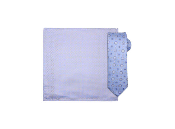 Santi silkeslips+lommetørkle mønstret sett hengende lys blå 
