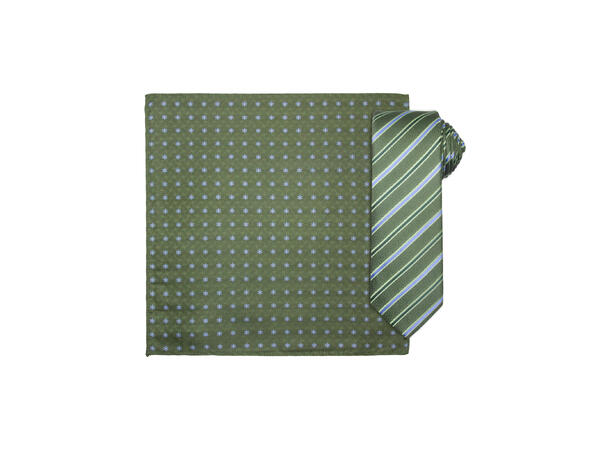 Santi silkeslips+lommetørkle mønstret sett hengende grønn 
